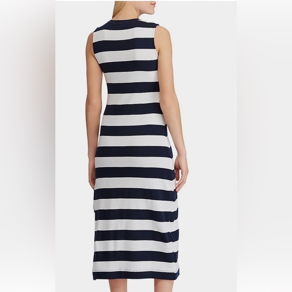 CHAPS Women Dress XL Blue & White Stripe Sleeveless Nautical Lace Up Side Slit - Picture 2 of 7